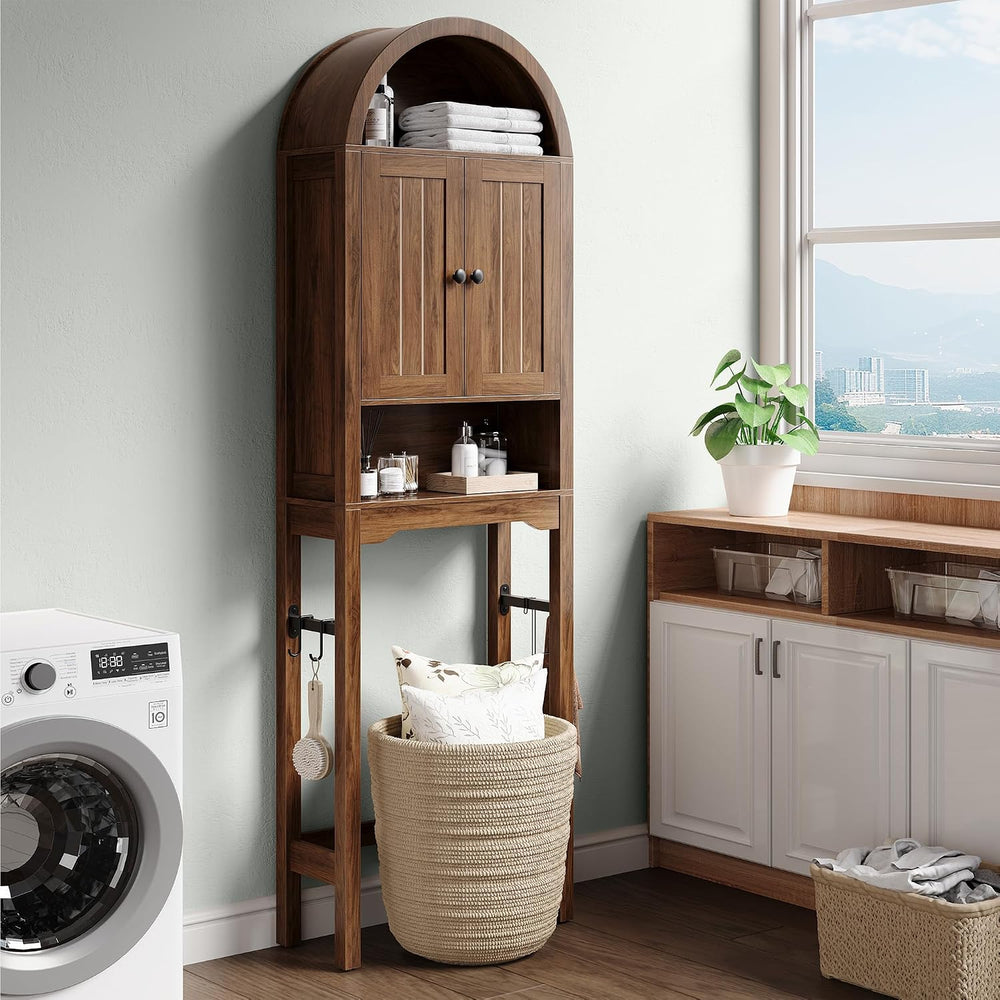 Arched Over the Toilet Storage Cabinet with Fluted Doors, Wood, Walnut