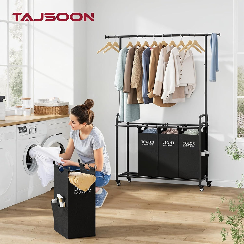 Tajsoon Laundry Sorter with Hanging Bar, 4 Section Laundry Hamper, Black