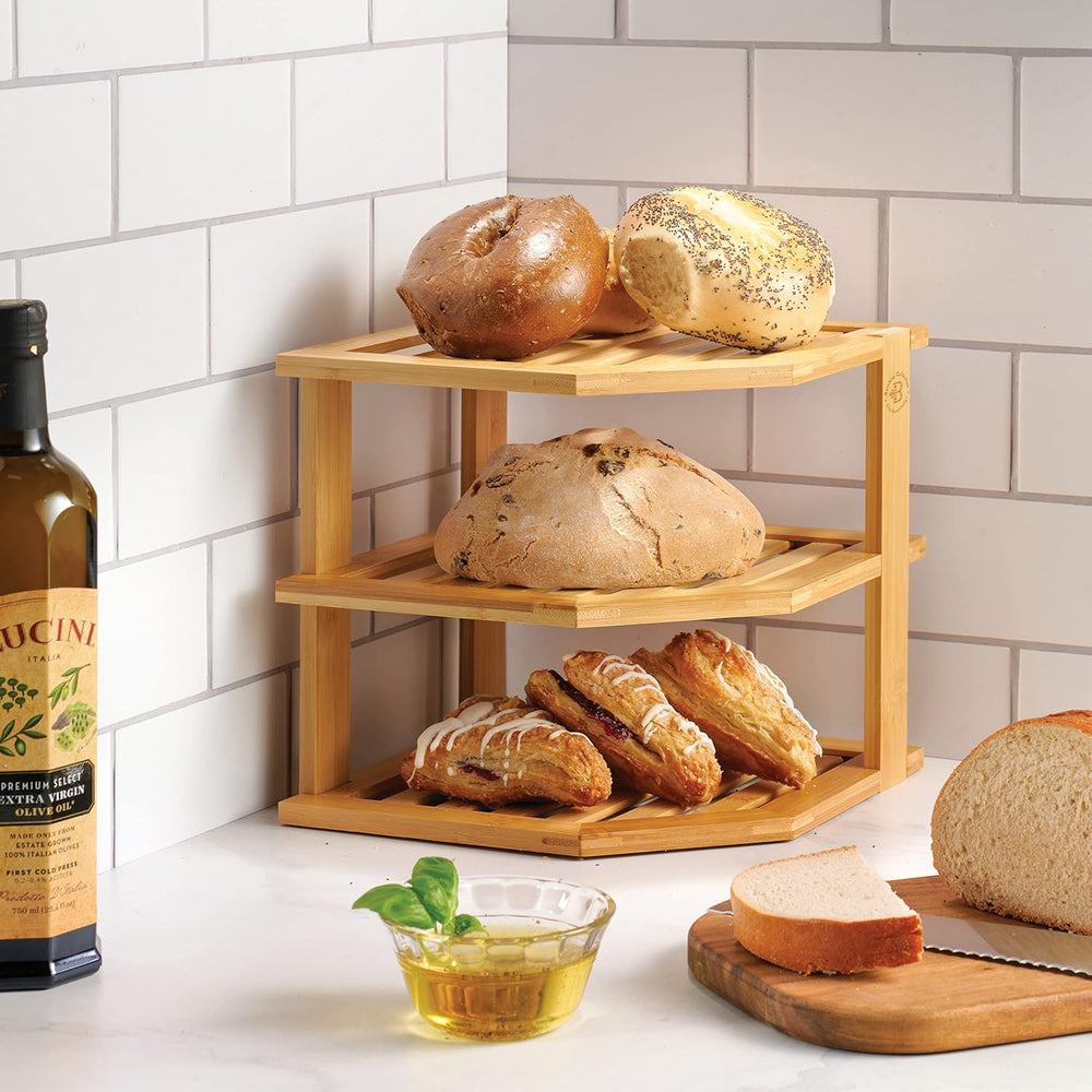 2 Pack Plate Organizer for Cabinet, 3-Tier Bamboo Corner Shelf Rise