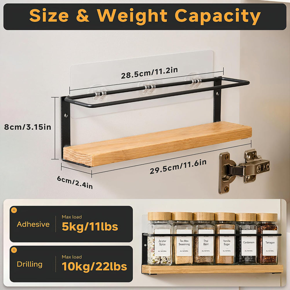 2-Tier Wall Mount Spice Rack Organizer with 12 Glass Jars, Screw/Adhesive Mou...
