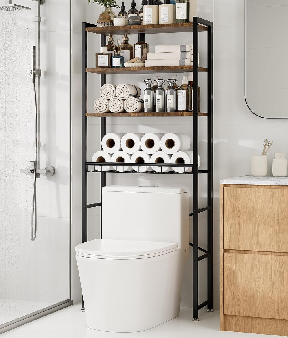 4-Tier Over-the-Toilet Storage Rack with One-Piece Wooden Shelves & Open ...