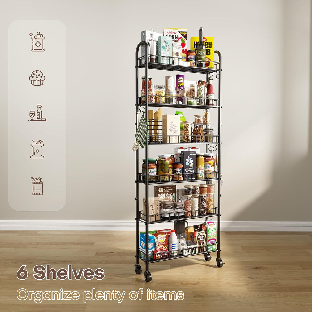 Slim Rolling Storage Cart with Wheels, Metal 6 Tier Spice Rack Mobile Shelvin...