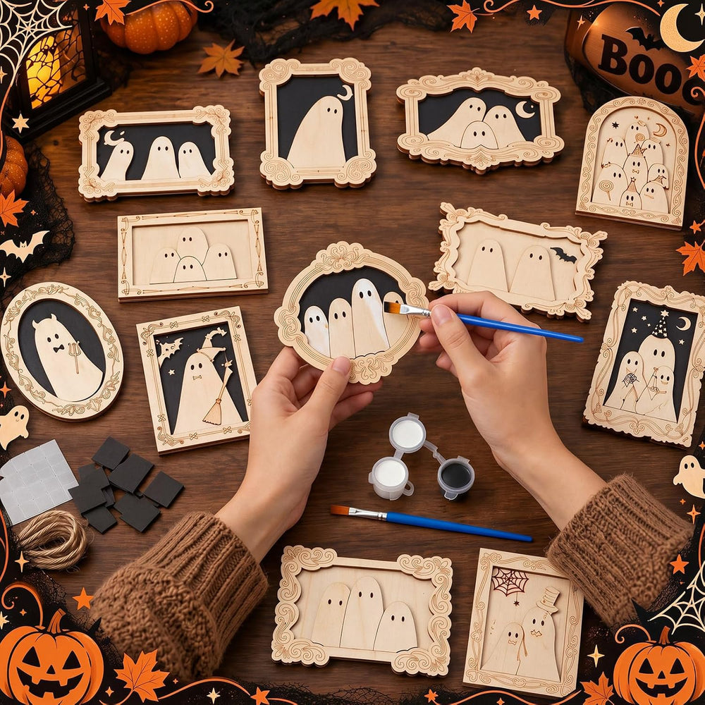 Simgoing 36 Set Adult Halloween Craft, Wood Ghost DIY Frame, Popular Style