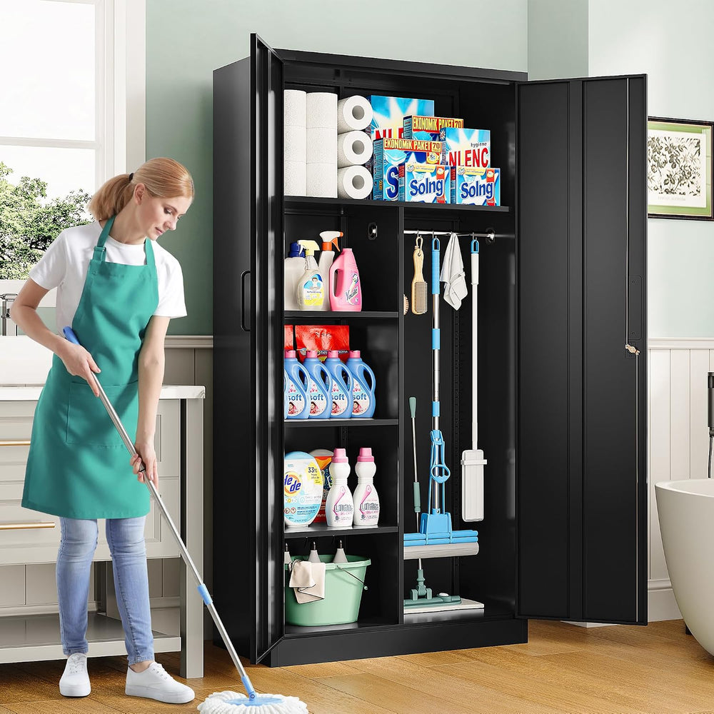 Wide & Deep Metal Storage Cabinet with Hanging Rod,Black Broom Closet Sto...
