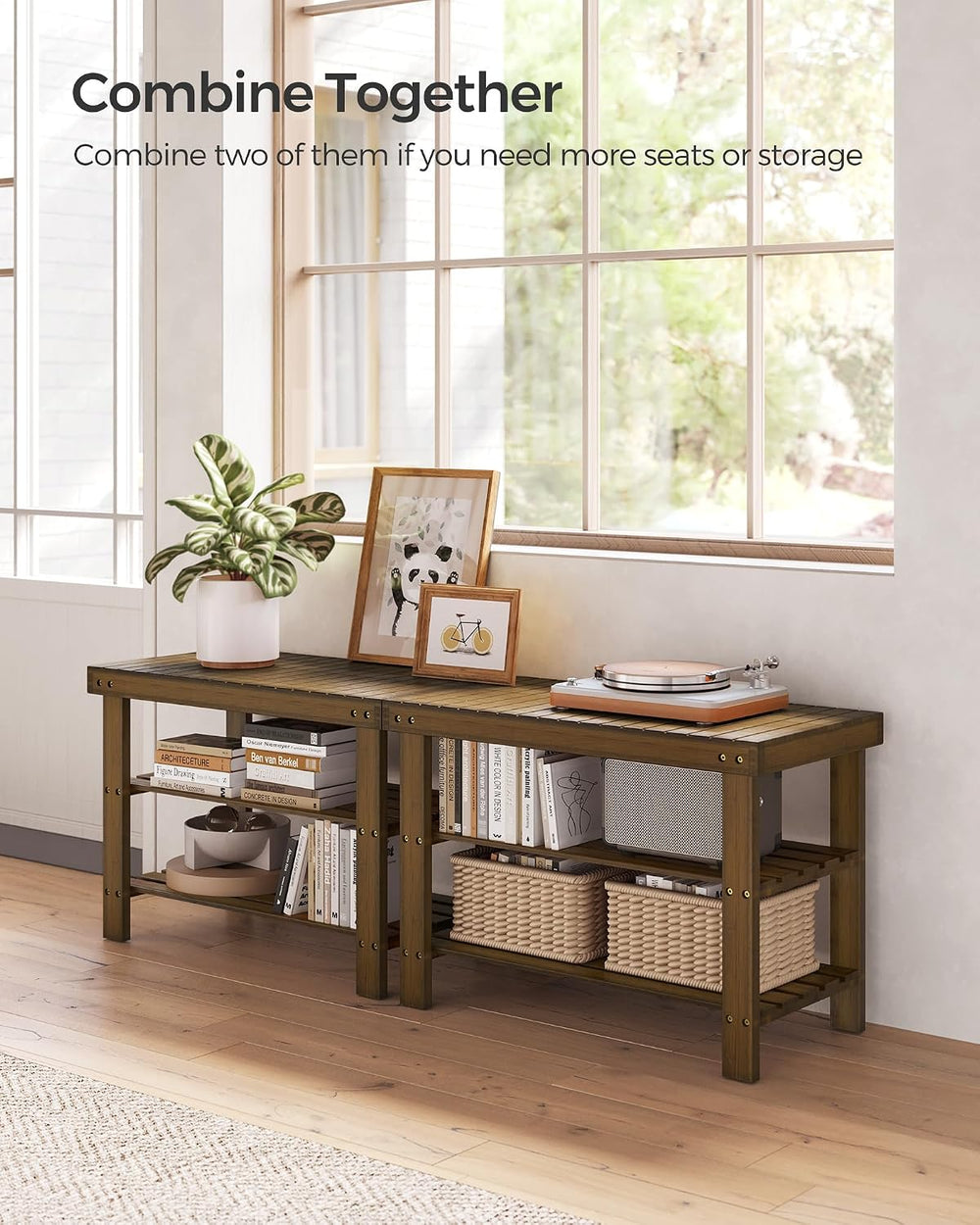 SONGMICS Shoe Rack Bench, 3-Tier Bamboo Entryway Bench, 27.6 Inches Width