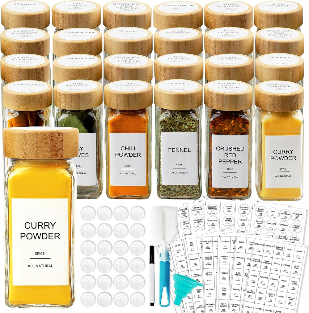 AISIPRIN Glass Spice Jars with 398 Labels, 24 pcs 4oz Spice Containers with B...