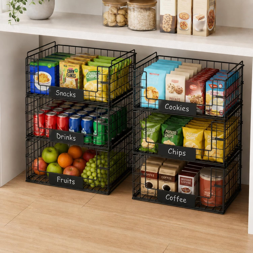 3 Pack XXL Stackable Wire Baskets with Handles & Name Plates