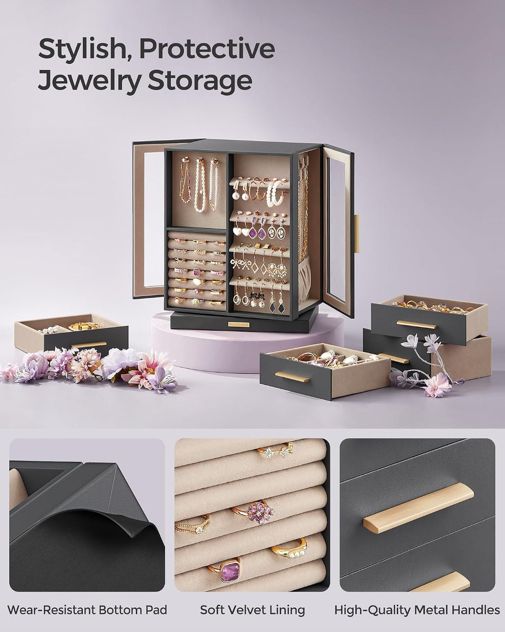 SONGMICS Jewelry Box Organizer, 360° Rotating, 5 Drawers, Slate Gray