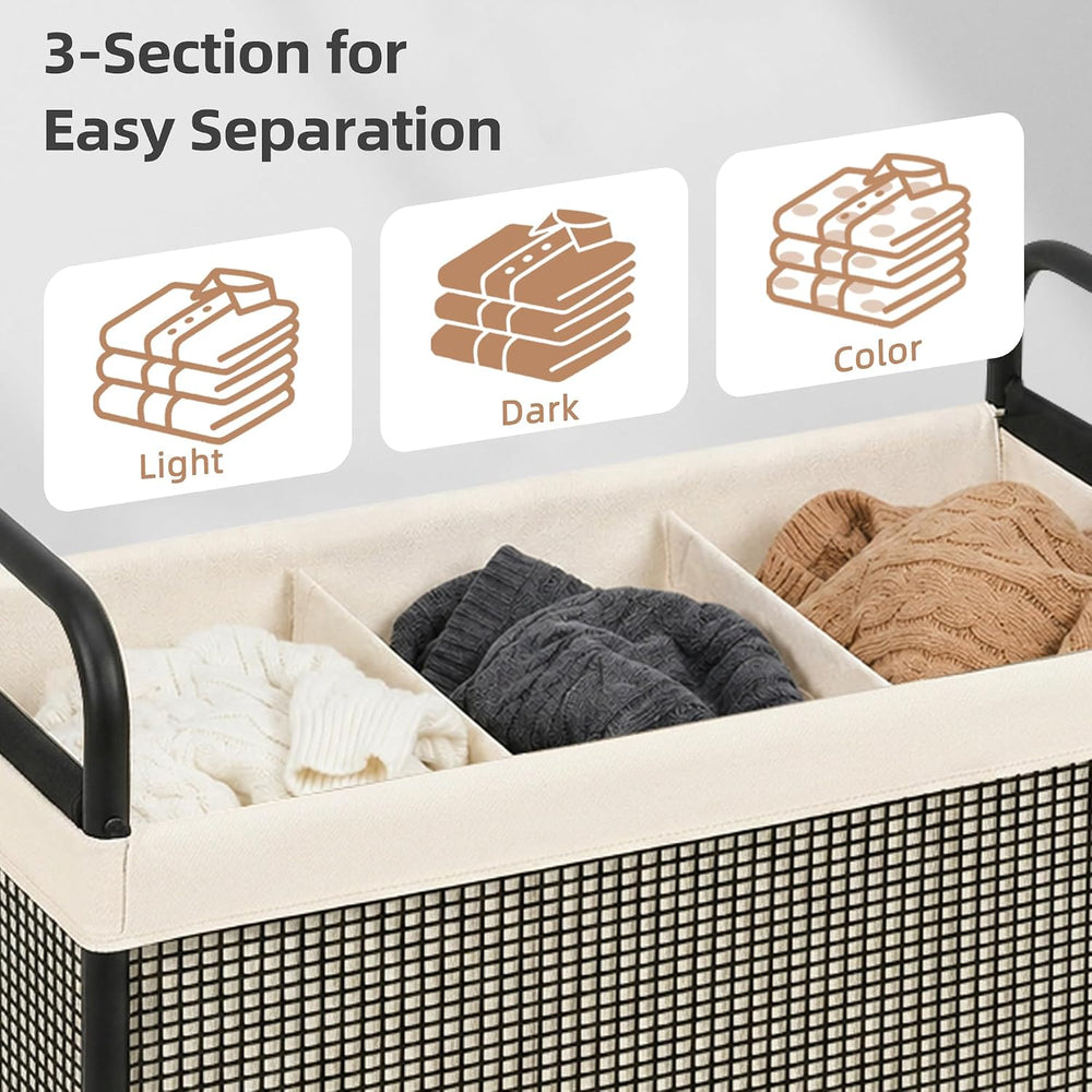 STORAGE MANIAC Rolling Laundry Hamper with Wheels 3-Section Laundry Sorter Ro...