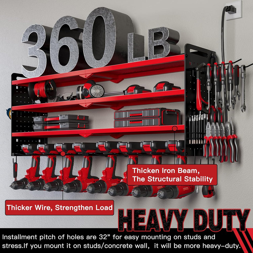 Power Tool Organizer Wall Mount, 8-Drill Charging Station, Red