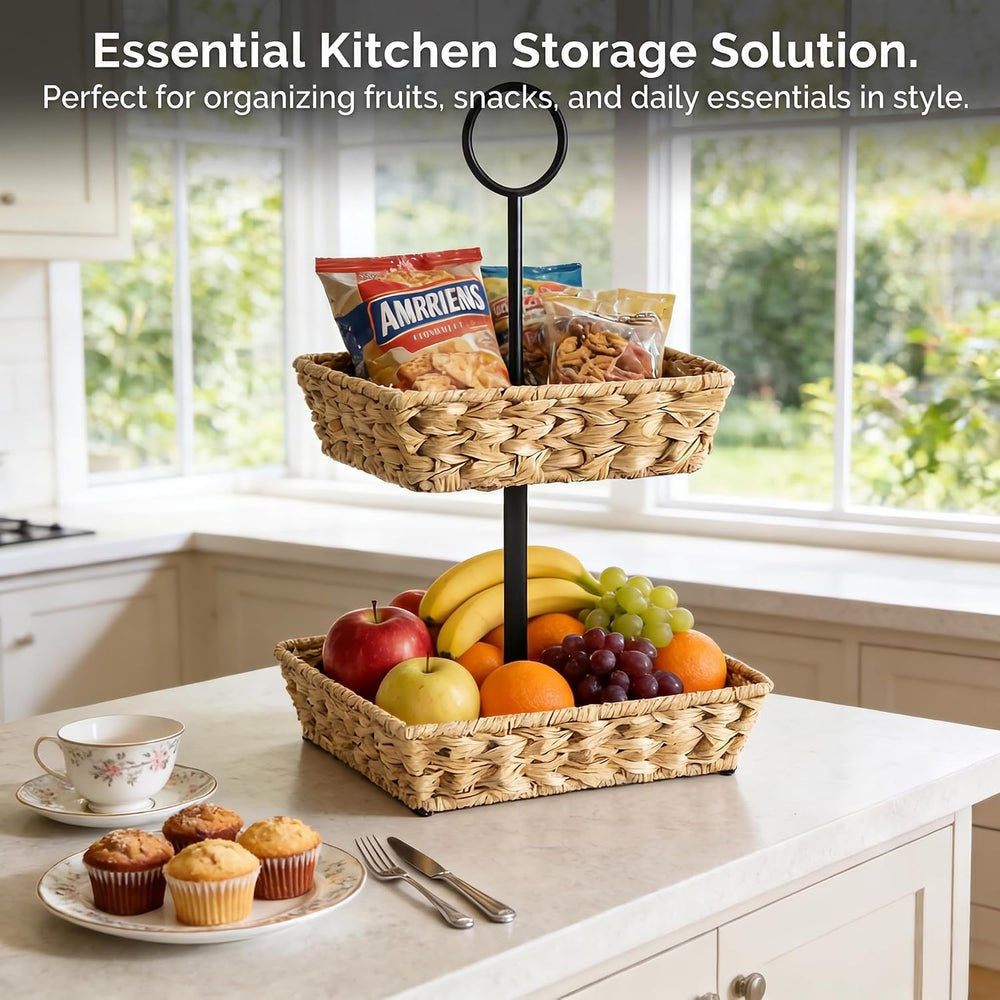 2-Tier Round Faux Rattan Wicker Storage Basket with Metal Frame, Countertop O...