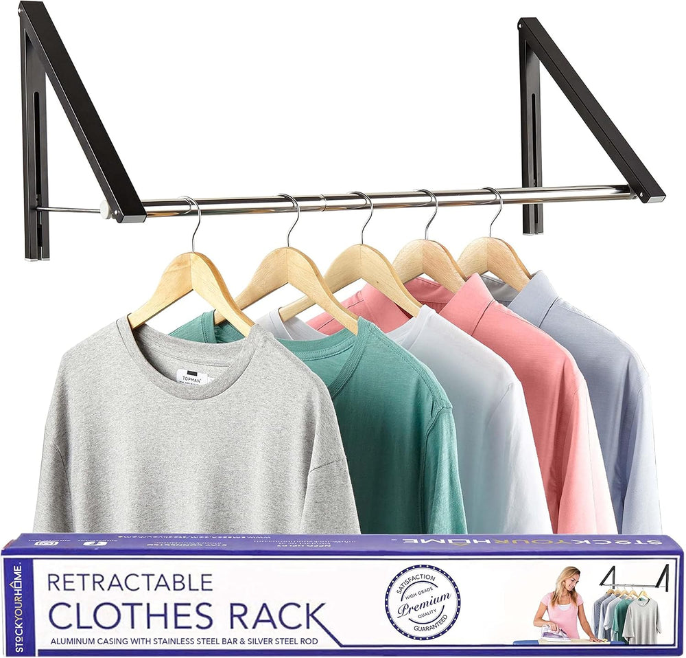 Double Foldable Clothing Rack w/ Extension Rod, Wall-Mounted Retractable Clot...