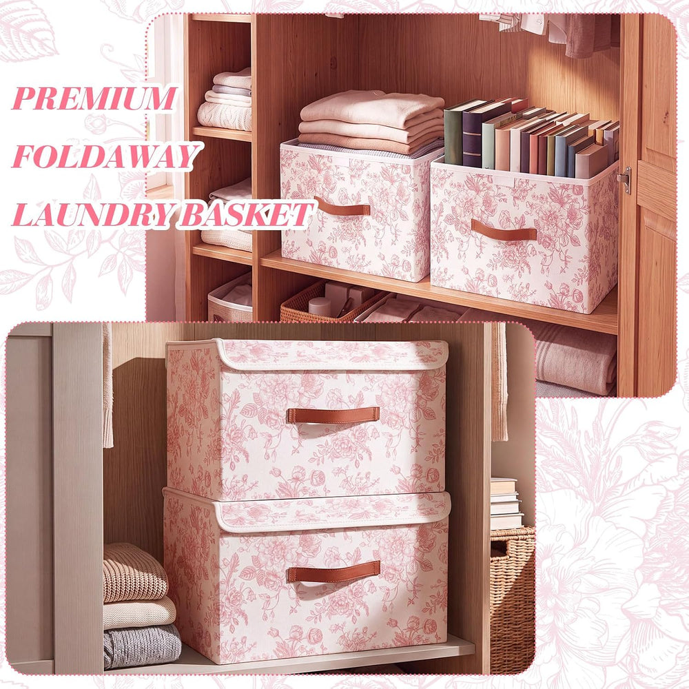 2 Pack Pink Floral Storage Bin with Lids, 17x11x12 Inch