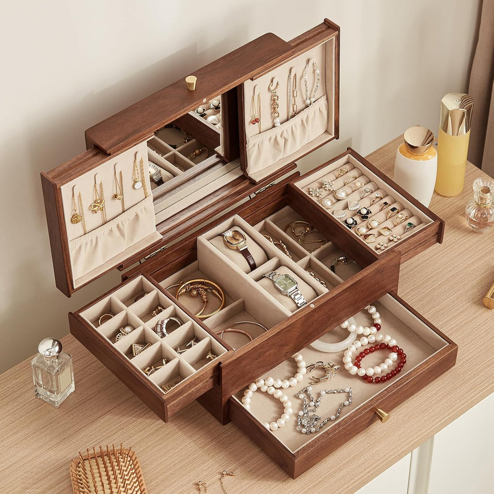 CHOSIN Black Walnut Wooden Jewelry Box for Women, 3 Level Multi-functional Dr...
