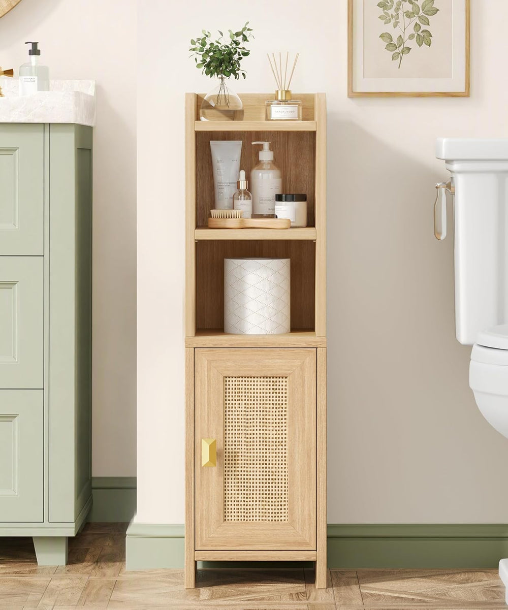 Akxomel Rattan Small Bathroom Storage Cabinet with 2 Open Shelves, Oak