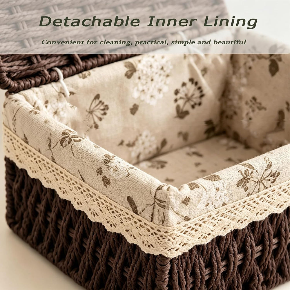 Wicker Storage Baskets with Lids, Set of 3 Nesting Natural Rattan Organizer B...