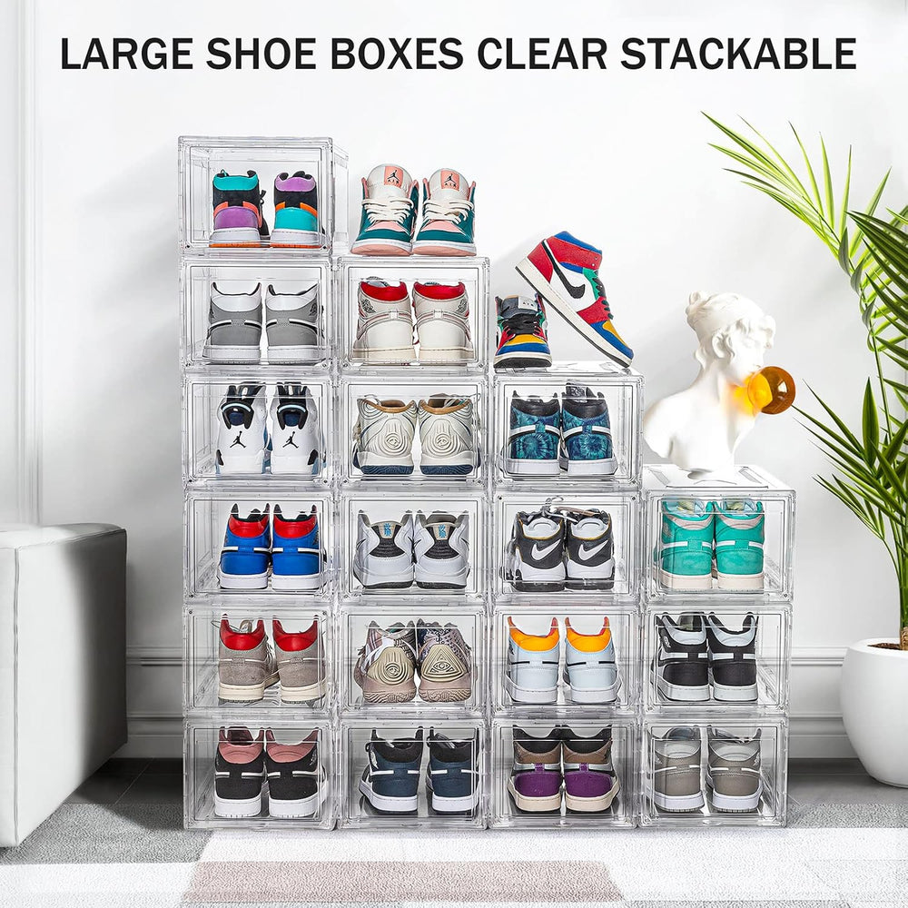 10 Pack Large Shoe Boxes Clear Stackable, Space Saving Acrylic Shoe Boxes Sho...