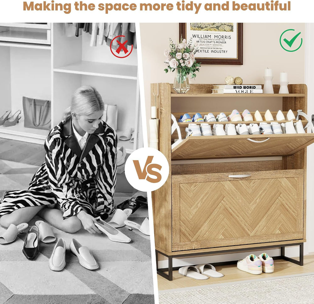 Shoe Cabinet Storage for Entryway, 40" Tall Narrow Wood Shoe Organizer w...