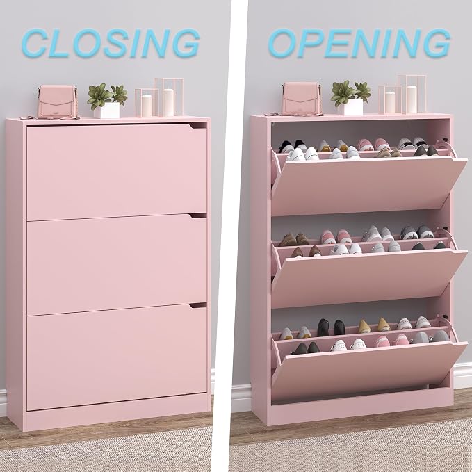 Shoe Cabinet with 3 Flip Drawers, Hidden Wood Shoe Cabinet, Freestanding Shoe