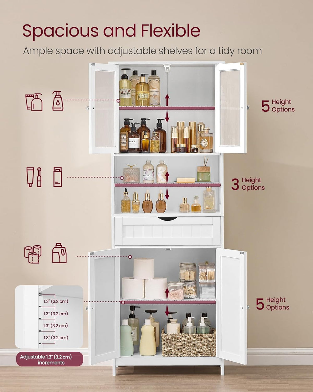 VASAGLE Storage Cabinet, Freestanding, Drawer, Open Compartments