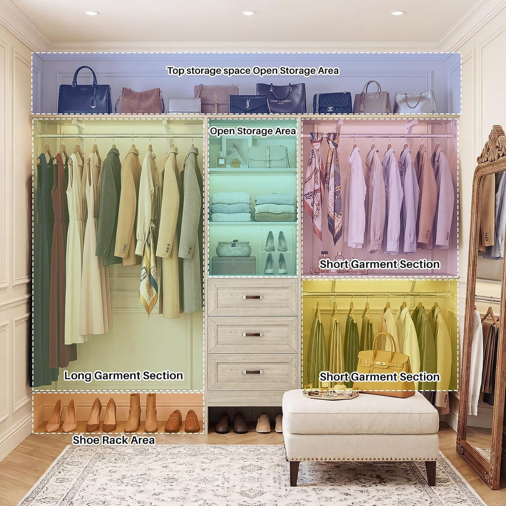 8FT Closet System with 3 Curved Drawers, 96'' Wooden Walk-in Closet O...