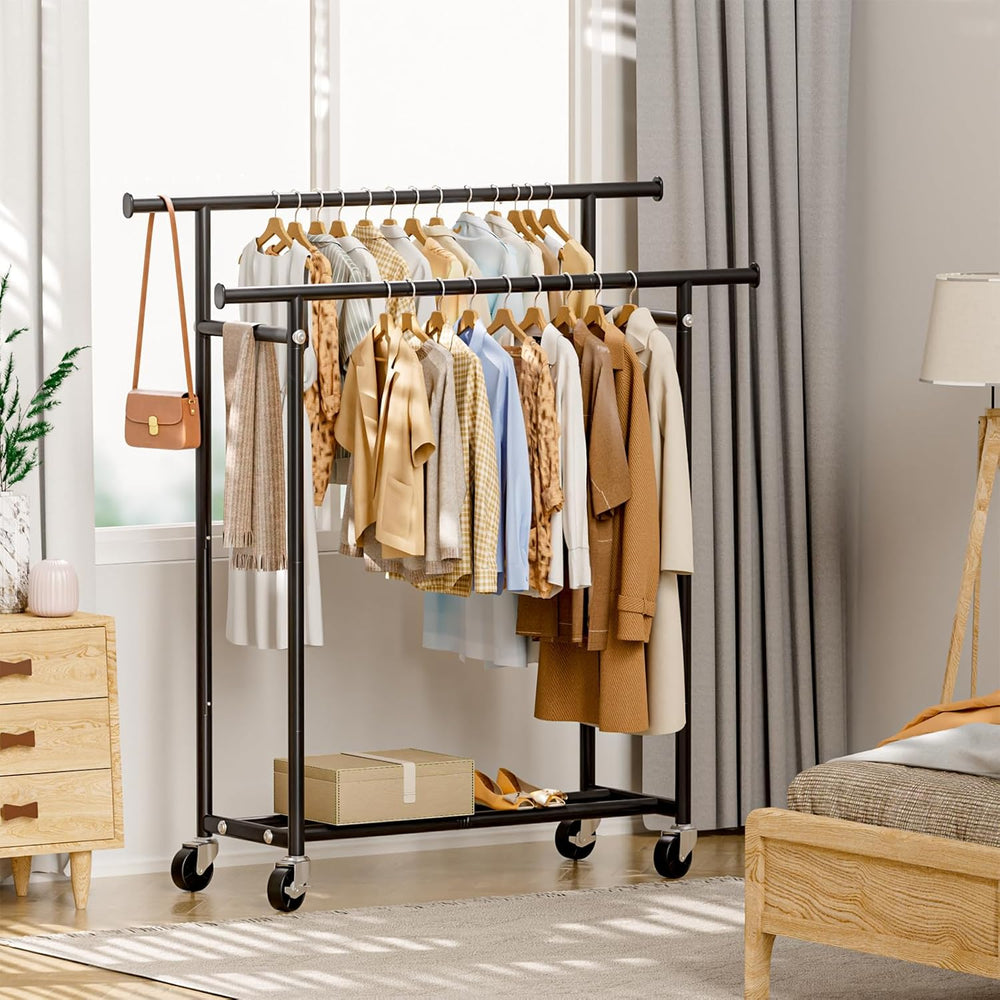 HYSEYY Clothes Rack, Double Rods Rolling Clothing Rack for Hanging Clothes, P...