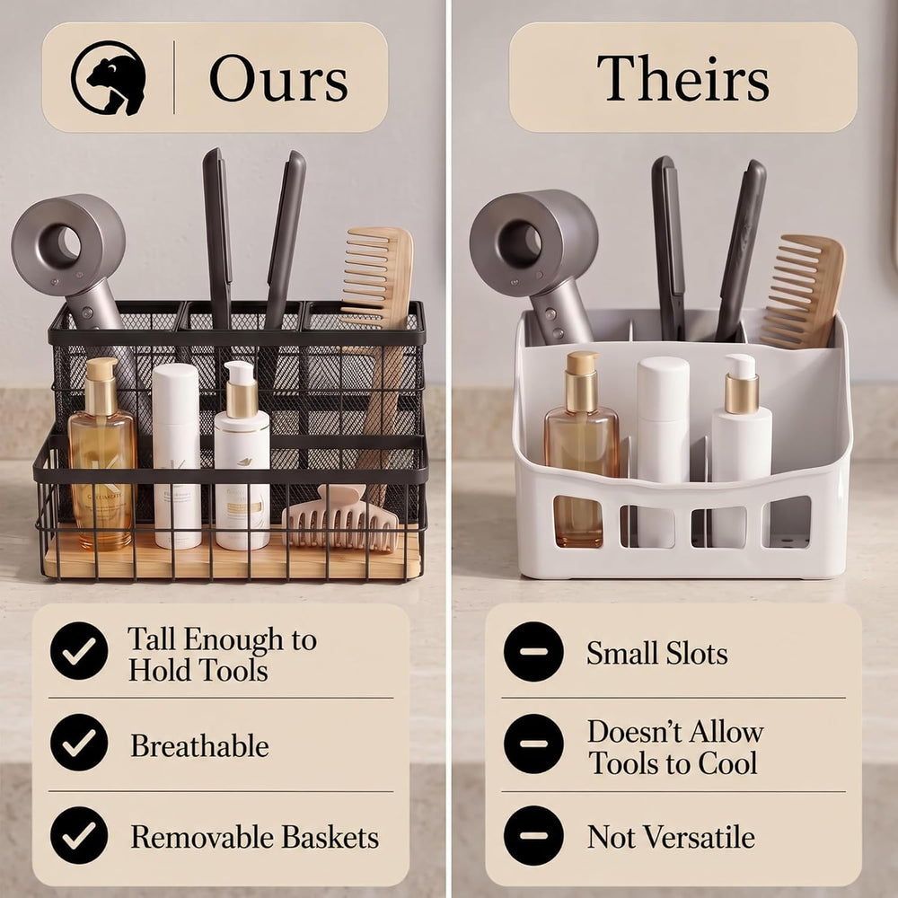 Hair Tool Organizer Countertop, Breathable Metal & Bamboo, Heat-Resistant
