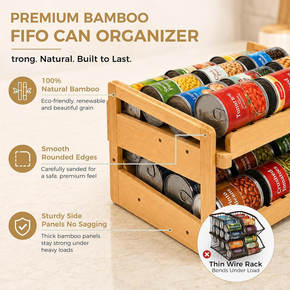 MinBoo Bamboo FIFO Can Organizer for Pantry, 24-Can Gravity Dispenser with Ad...