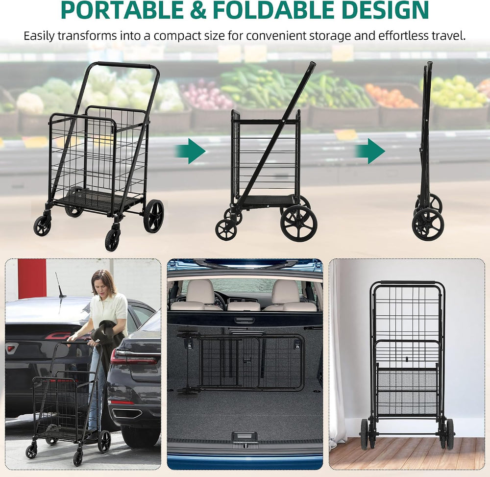 YITAHOME Utility Foldable Shopping Cart with Wheels, Large Reinforced Mesh Bo...
