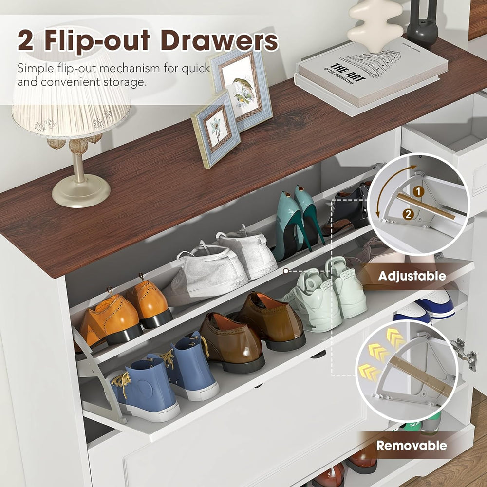 Patiorama Shoe Cabinet Set of 2 with 2 Flip Drawers, Side Cabinet, White