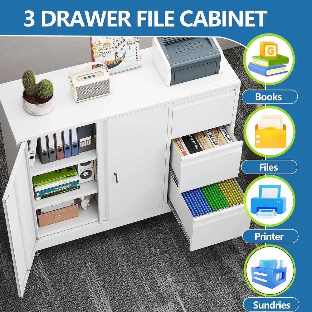 3 Drawer Lockable Lateral Mobile Steel File Cabinet with Wheels, White