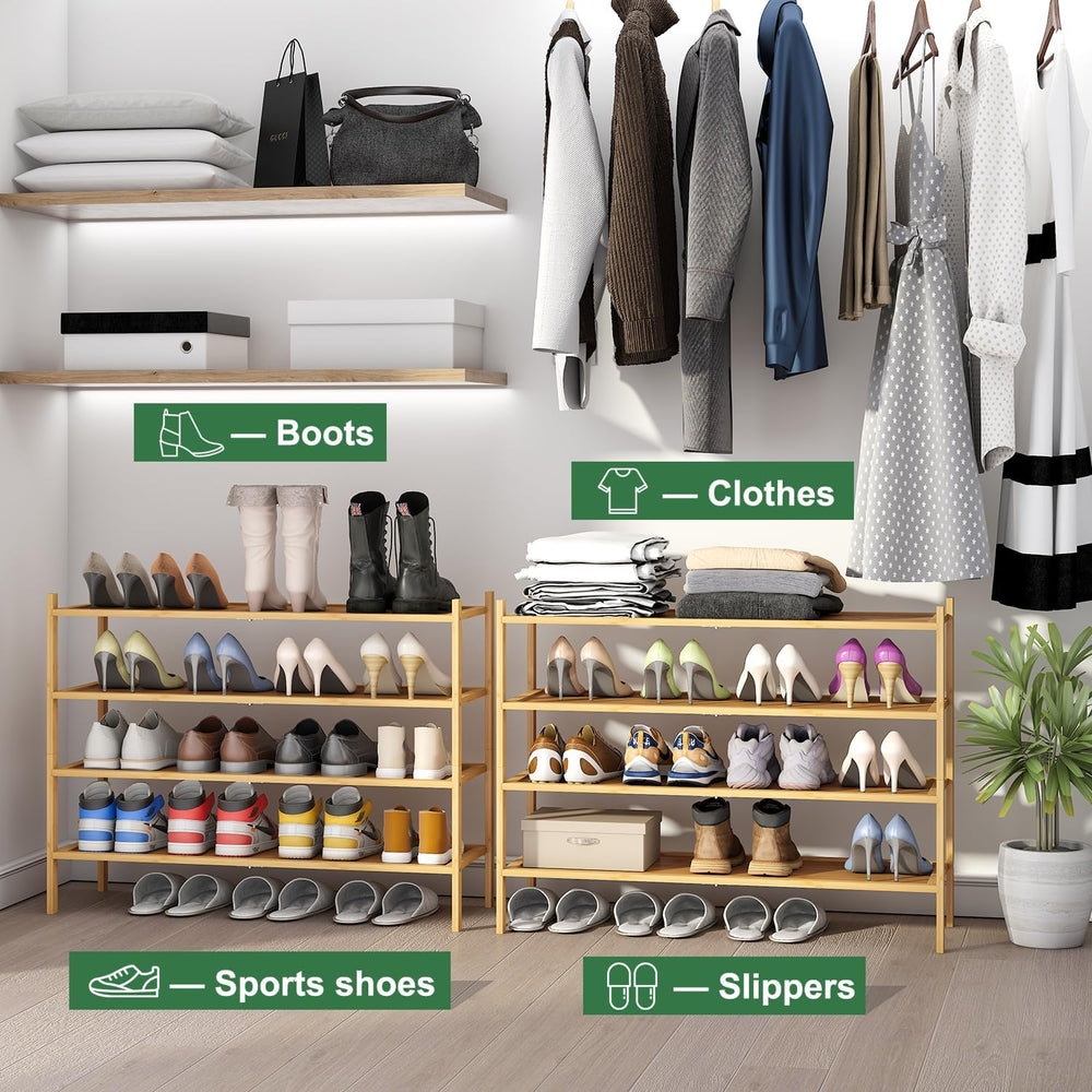 kiplant Long Shoe Rack, 4-Tier Bamboo Wood Shoe Rack, Stackable for Closet, E...