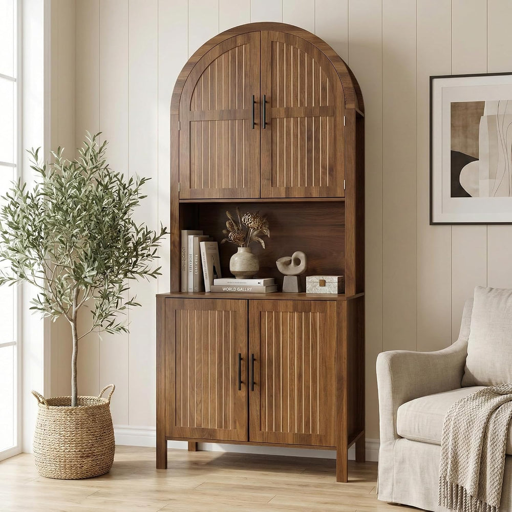 Arched Kitchen Pantry, Large Kitchen Storage Cabinet with Fluted Doors