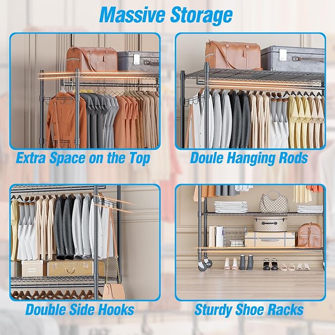 Homdox Heavy Duty Rolling Clothing Rack, Adjustable Garment Rack