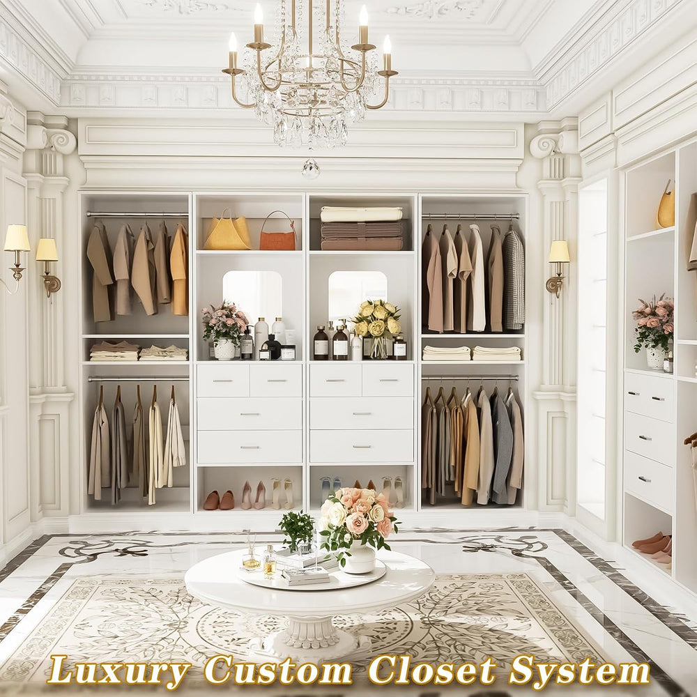 Unikito 100” Closet System with Drawers, 8.3FT Wood Closet Organizer with Han...