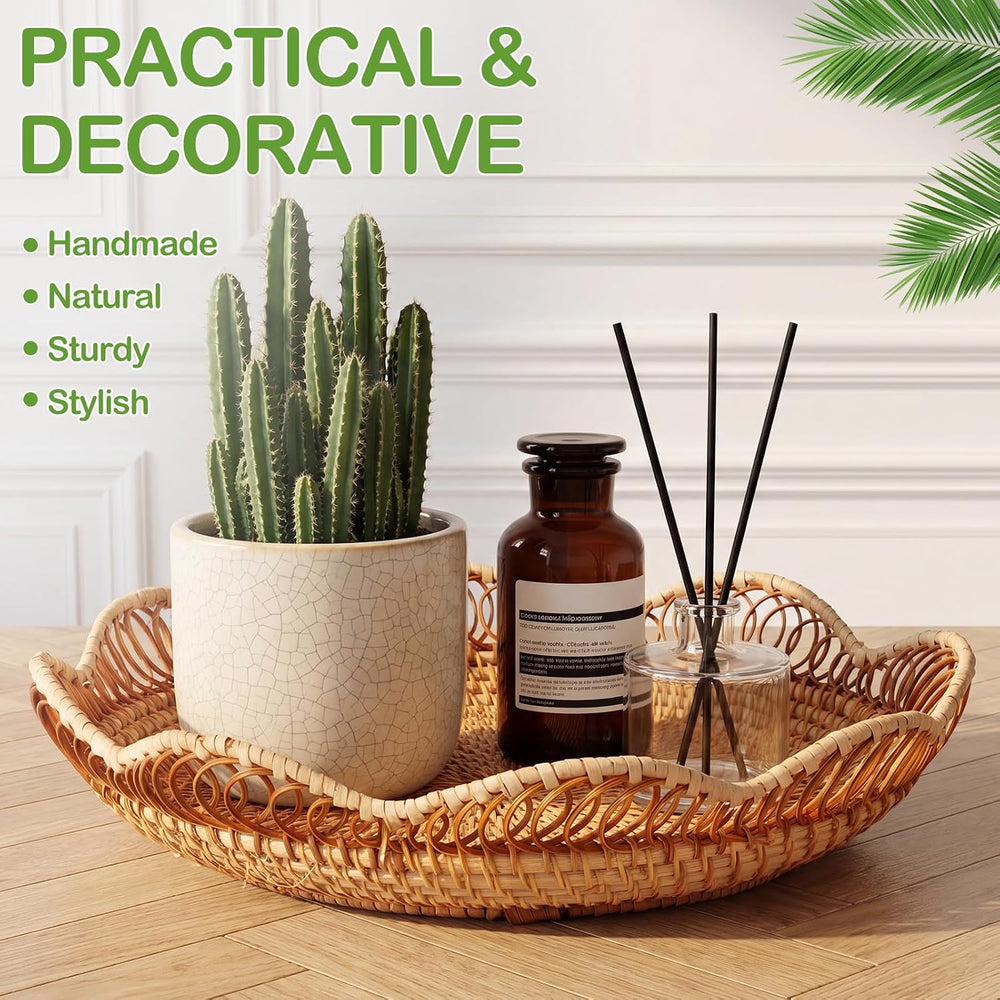 3 Pcs Rattan Bread Fruit Basket for Serving, Wicker Bread Tray Woven Round Fr...