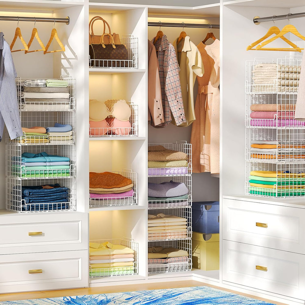 4-Tier Stackable Closet Organizers and Storage Basket - Foldable Closet Shelf...