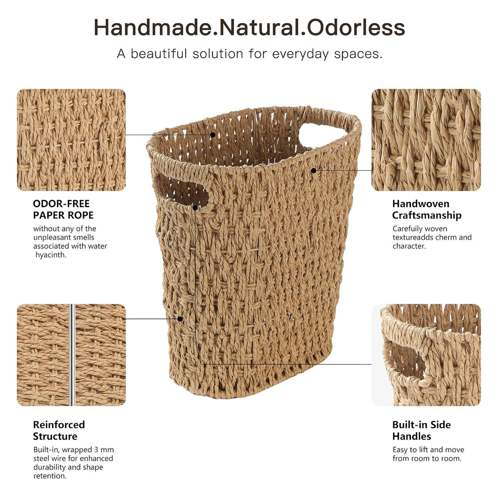 3 Gallon Wicker Trash Can, Paper Rope Small Bathroom Trash Can, Oval