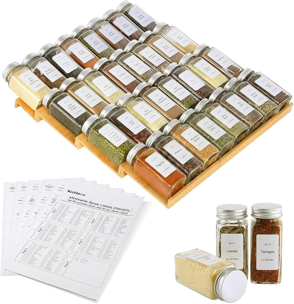 Spice Drawer Organizer with 35 Spice Jars,216 Labels,25 Non-slip Rubber, Bamb...