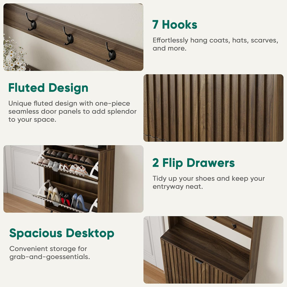Smuxee Shoe Cabinet with 2 Flip Drawers & Coat Rack Hooks, 31.5" Wal...