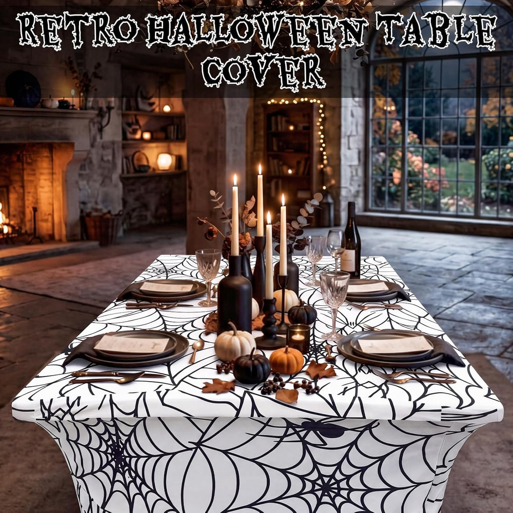 Frienda 2 Pcs Halloween Tablecloth 6ft White Spiderweb Stretch Table Covers