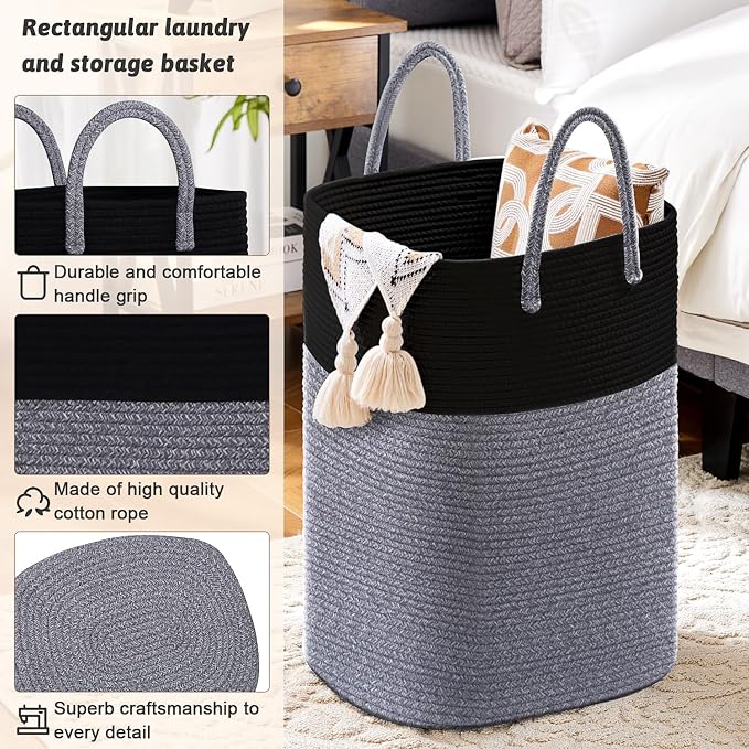 Laundry Basket, Woven Cotton Rope Laundry Hamper, Versatile Storage