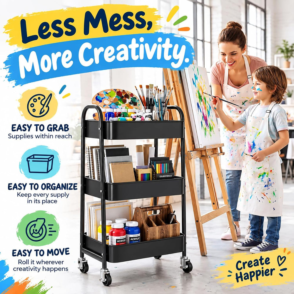 3 Tier Metal Rolling Cart with Lockable Wheels,Black Three Tiered Art Carts