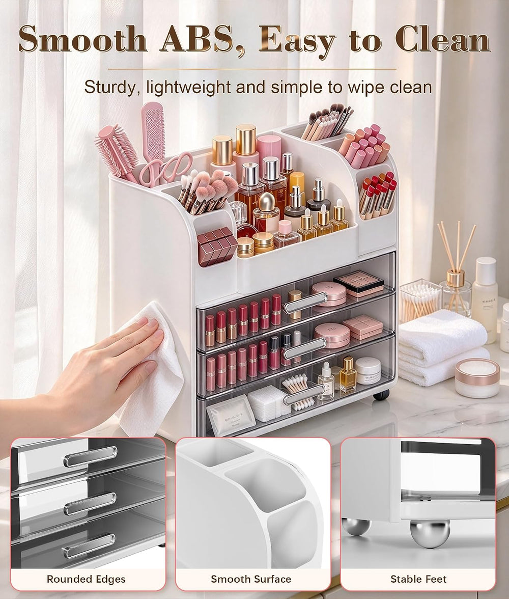 Hanyi Makeup Organizer for Vanity, 3 Clear Drawers, 6 Brush Holders, White