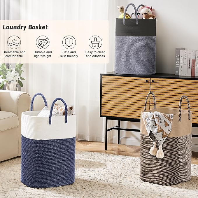 Laundry Basket, Woven Cotton Rope Laundry Hamper, Versatile Storage