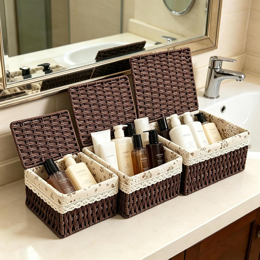 Wicker Storage Baskets with Lids, Set of 3 Nesting Natural Rattan Organizer B...
