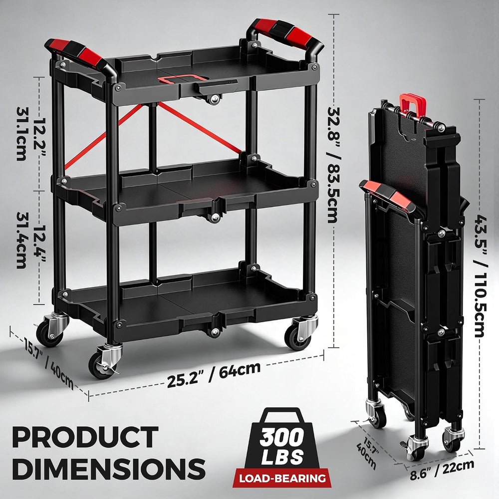 Rolling Cart, 3-Tier Utility Cart, 25 x 16 in Foldable Tool Cart, 300 lb