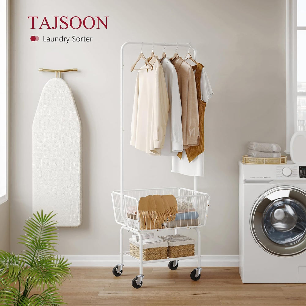 Tajsoon Rolling Laundry Cart with Hanging Rack & Storage Basket, White