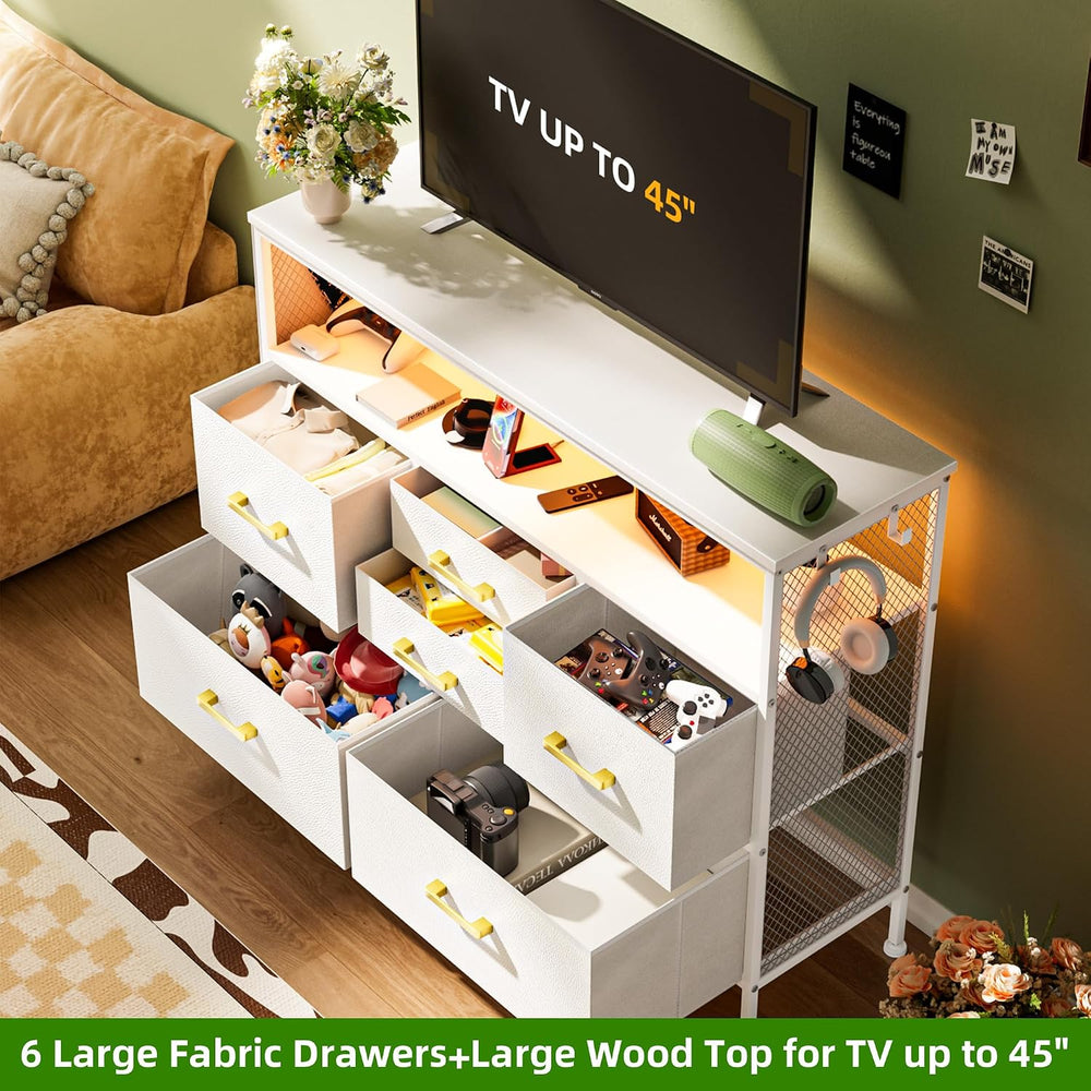 6 Drawer Chest with LED and Power, 45" TV Stand for Bedroom