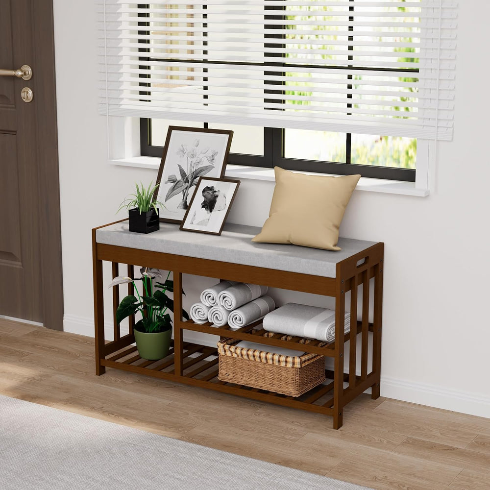 Bamboo Shoe Storage Bench with Cushioned Seat 3-Tier Entryway Shoe Rack